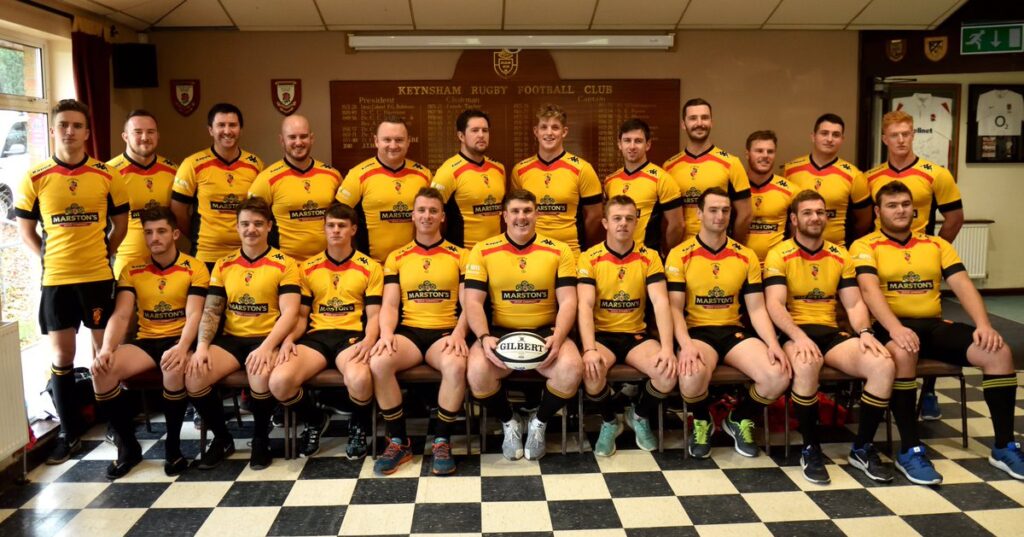 The Keynsham rugby club team seated for a photo