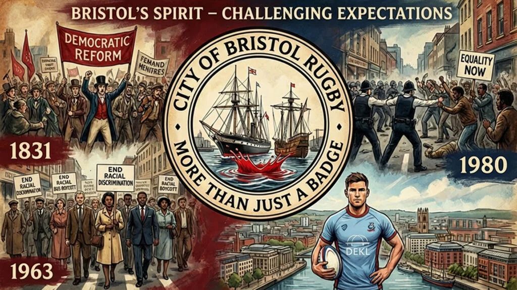 City of Bristol Rugby badge at heart of Bristol's spirit – collage honouring 1831 Reform Riots, 1963 Bus Boycott, equality protests and city heritage through modern rugby pride