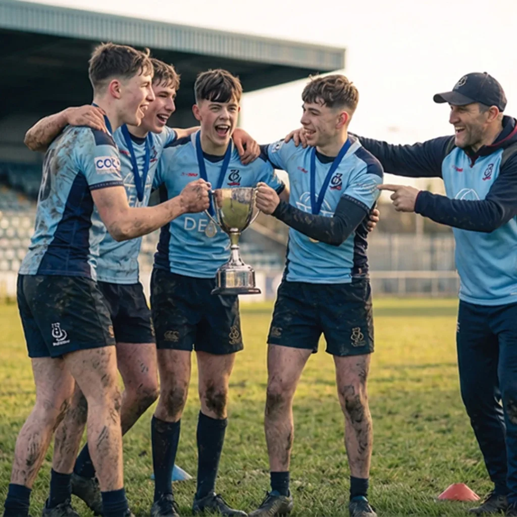City of Bristol Rugby U16s players celebrating with trophy and medals after victory – proud team and coach hugging in muddy kit on the pitch