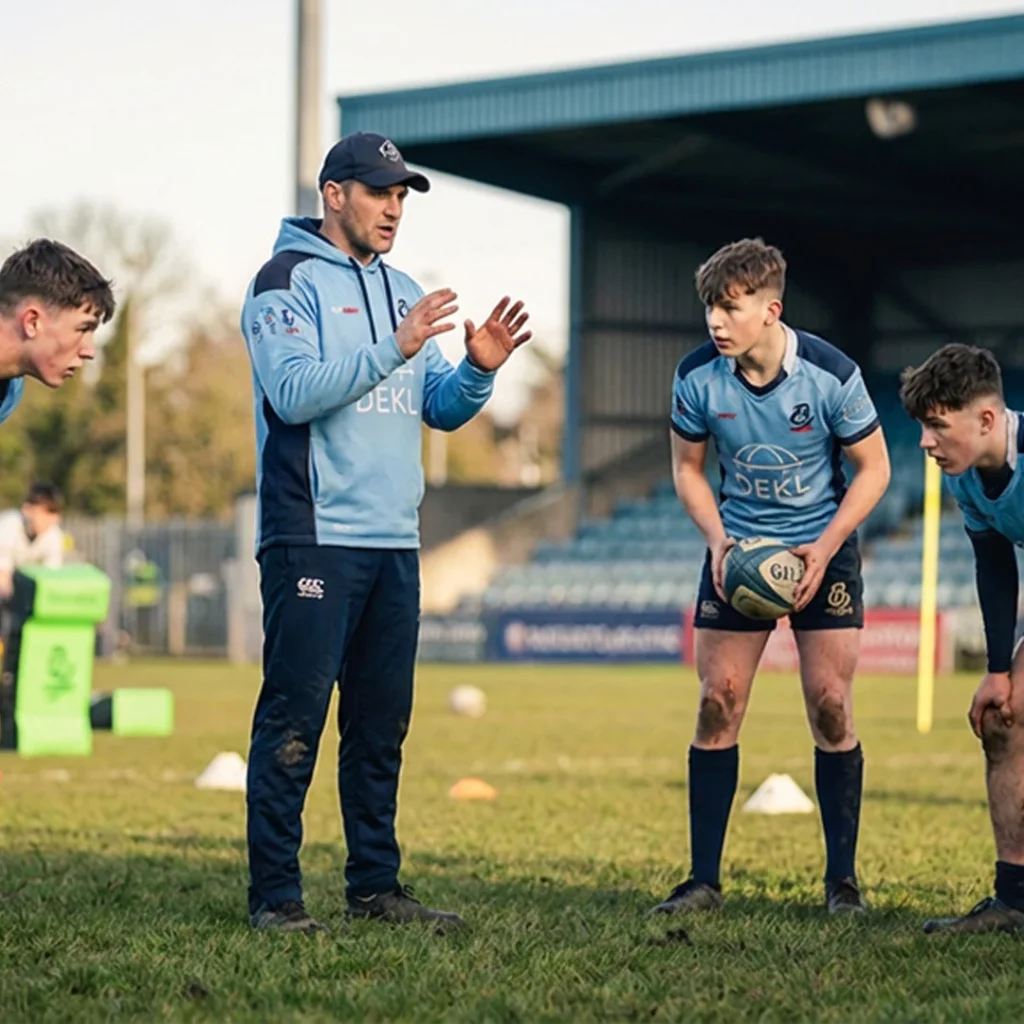 City of Bristol Rugby U16s coach delivering instructions to focused young players during outdoor training session – expert coaching for ambitious Bristol talent