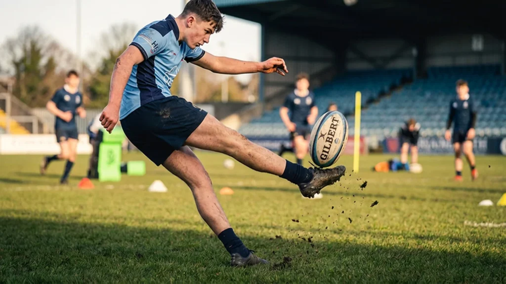 Young Bristol U16 rugby player powerfully kicking a conversion during City of Bristol Rugby training session on muddy pitch