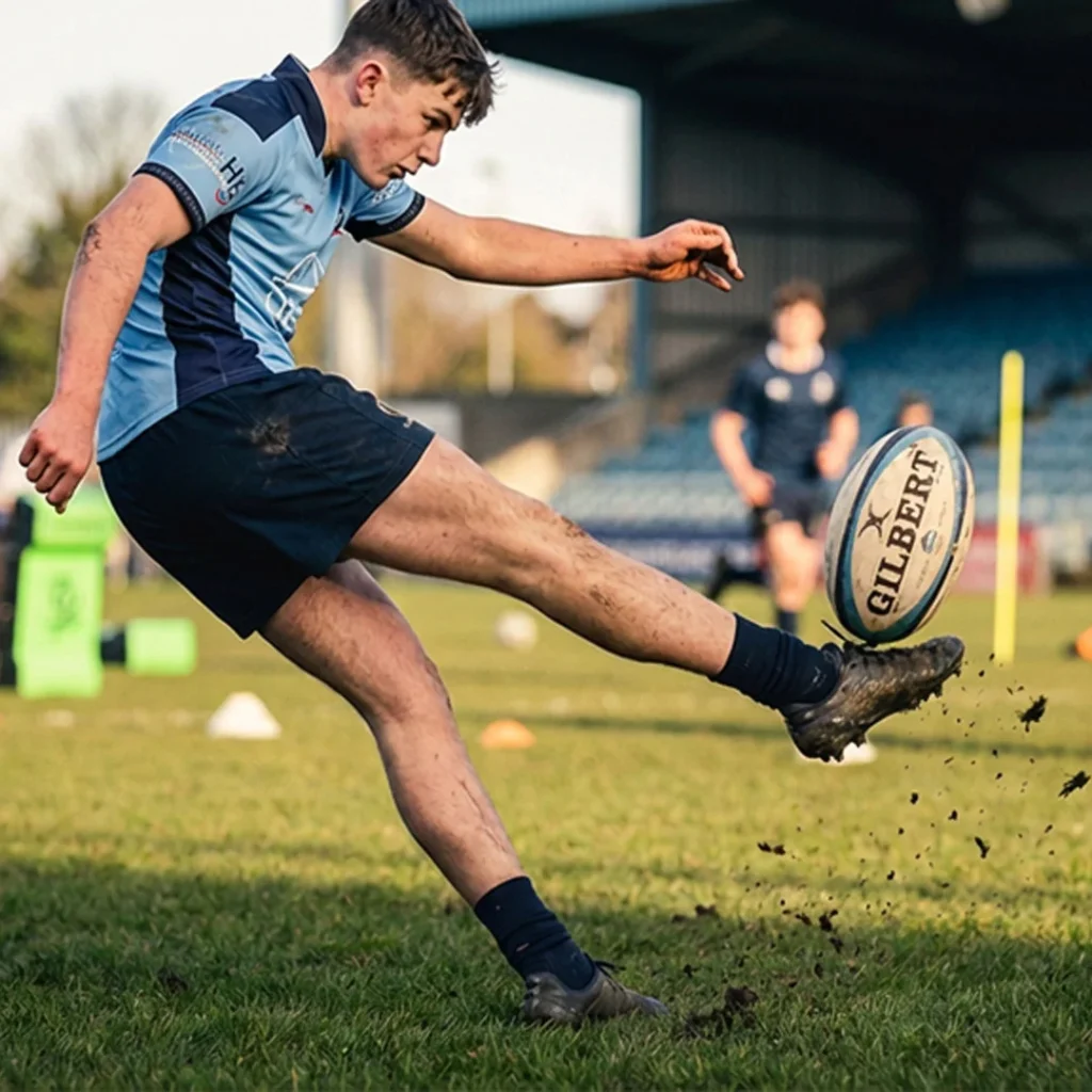 Young Bristol U16 rugby player powerfully kicking a conversion during City of Bristol Rugby training session on muddy pitch"