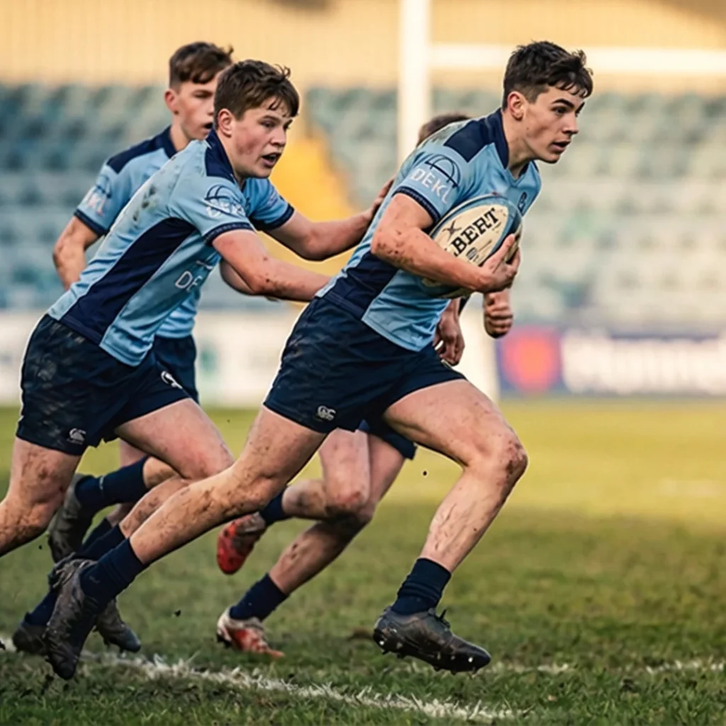 City of Bristol Rugby U16s players in action – dynamic attacking run with ball carrier breaking through in muddy training session